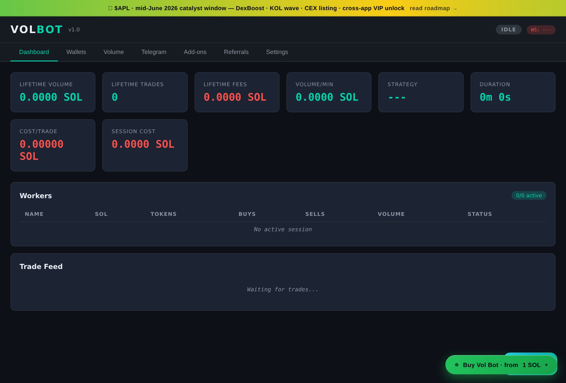 Vol Bot real-time command center showing live volume stats, workers, and a trade feed